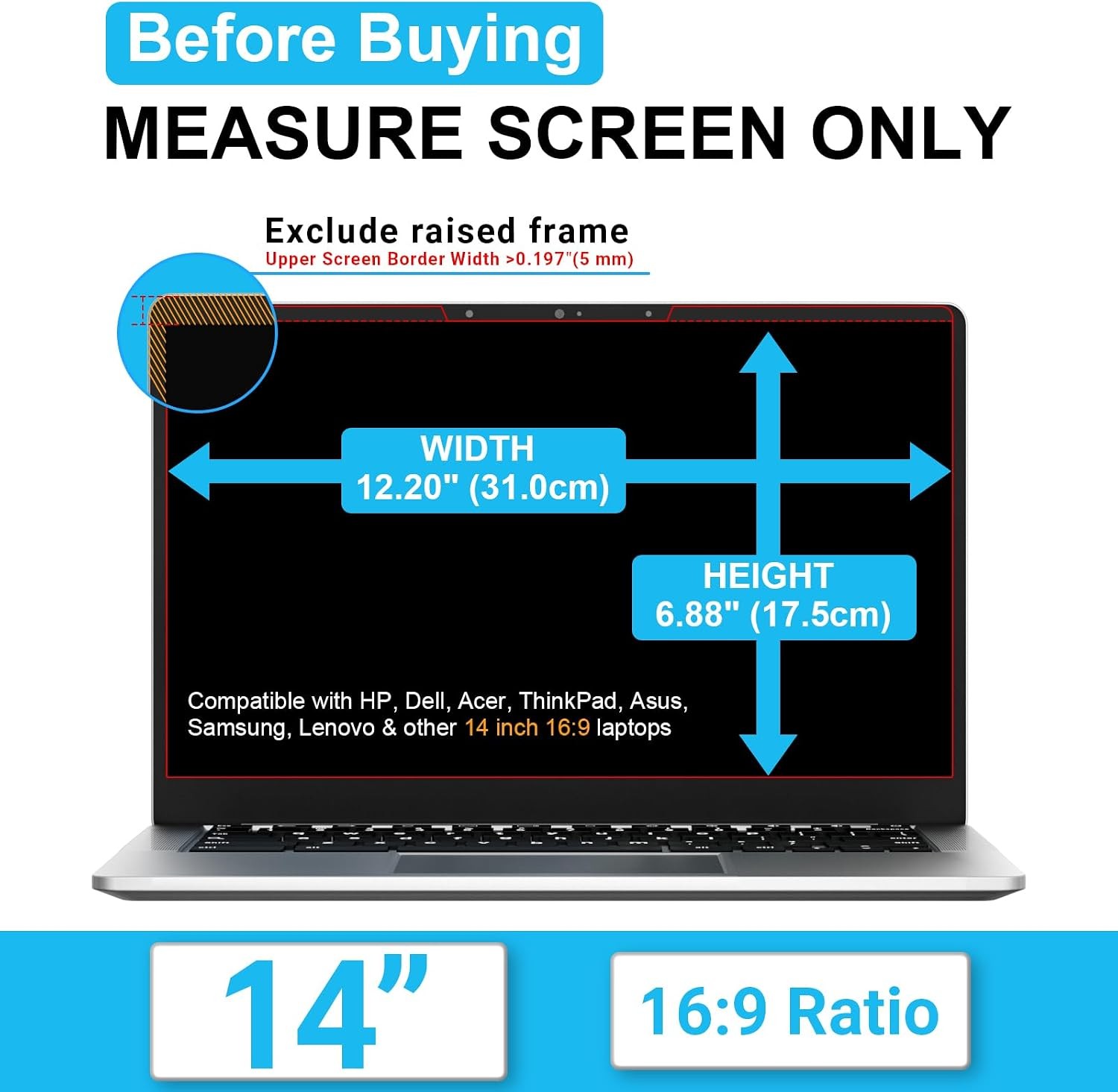 Laptop Privacy Screen 14 Inch 16:9, Magnetic Removable Anti-Glare Blue Light Blo