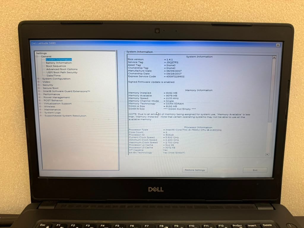 Dell Latitude 3480 14″ i5-7300U 8GB RAM 0 SSD White Spot LCD Laptop Used