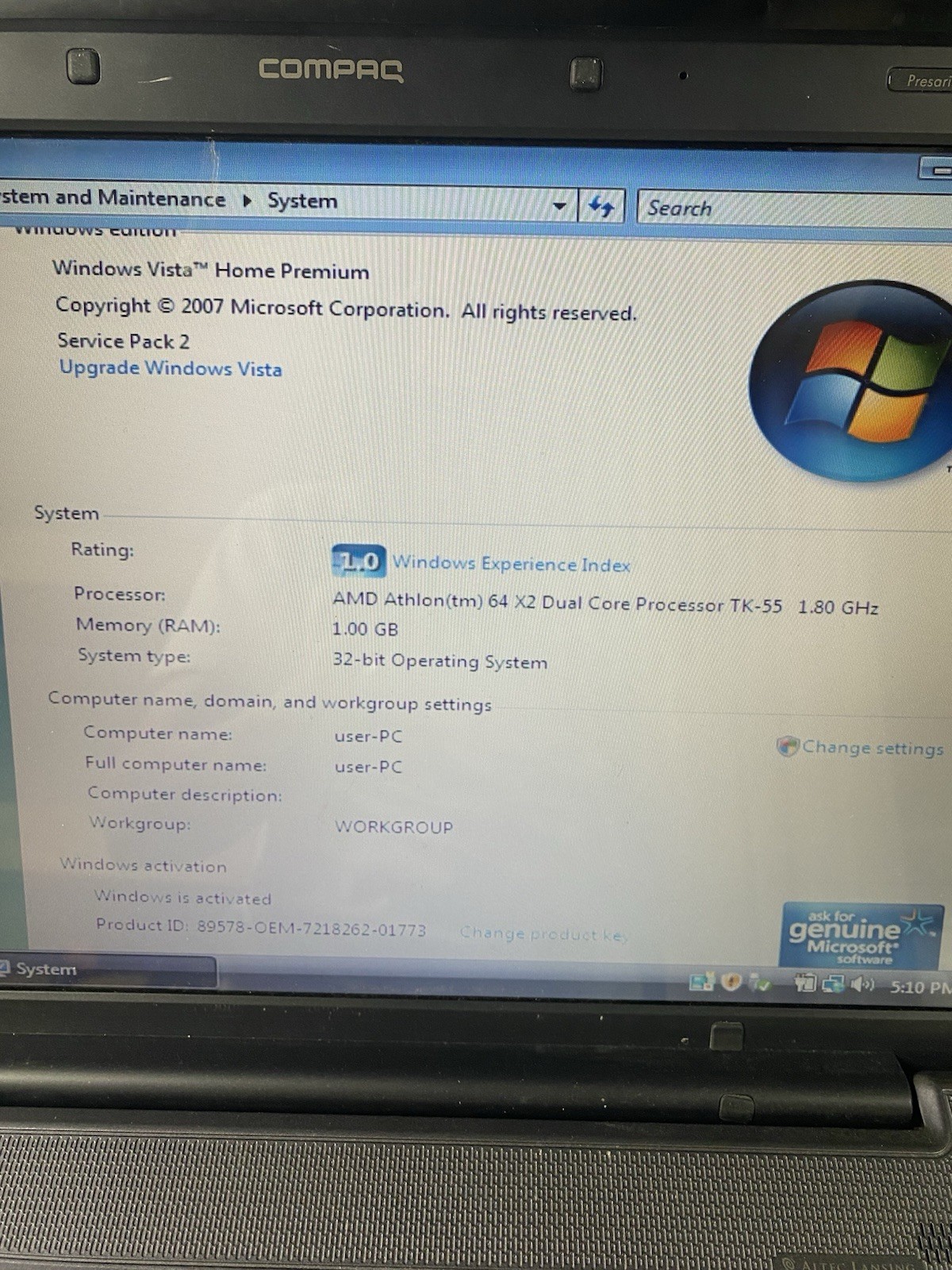 Compaq Presario F700 Laptop AMD Athlon 1GB RAM 160GB HDD Windows Vista Home x32