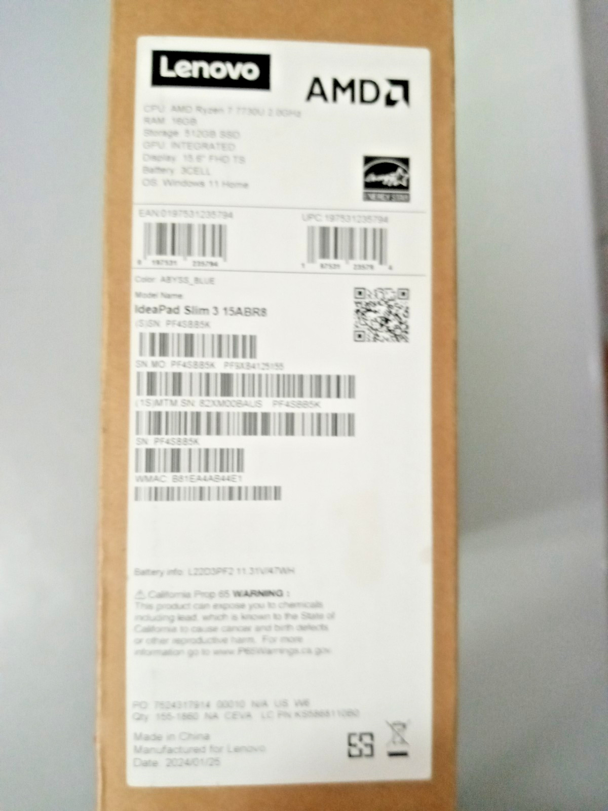 LENOVO IDEAPAD SLIM 3 15ABR8 | AMD RYZEN 7 5825U | 512GB | 16GB | (Pre-Owned)