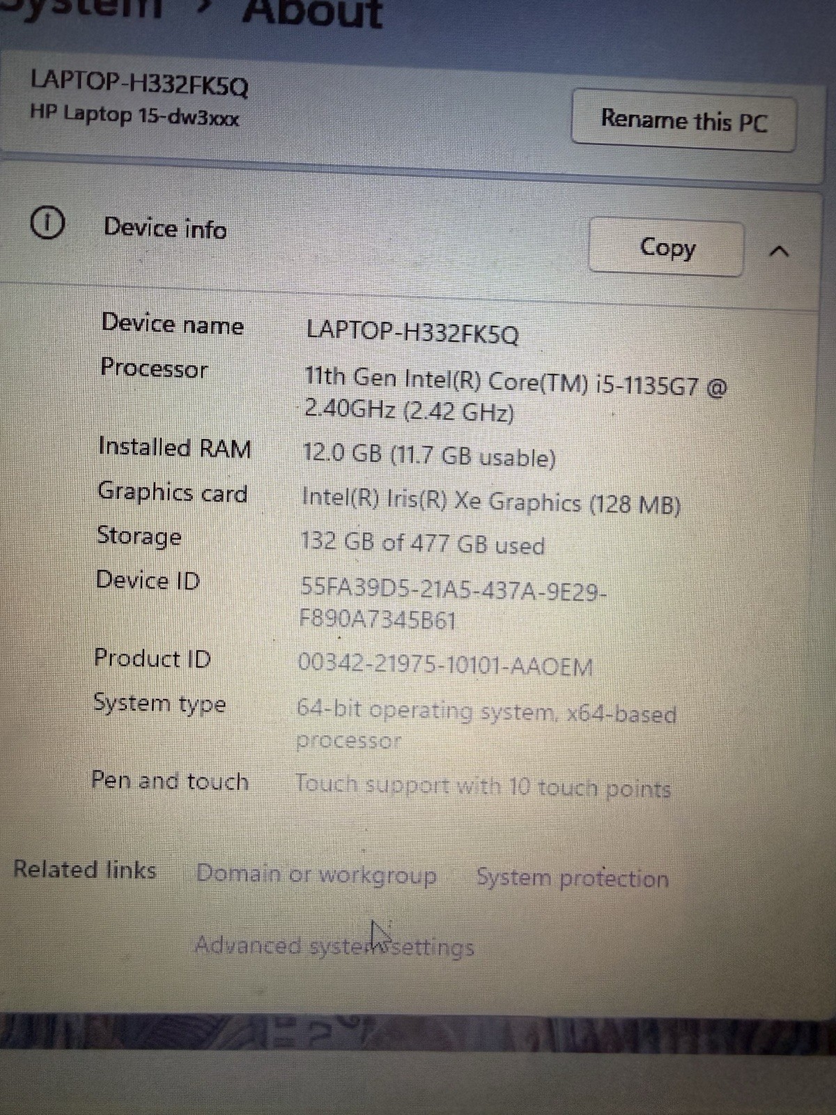 HP Laptop, 11th Gen Intel(R) Core(TM) i5-1135G7, Iris(R) Xe Graphics