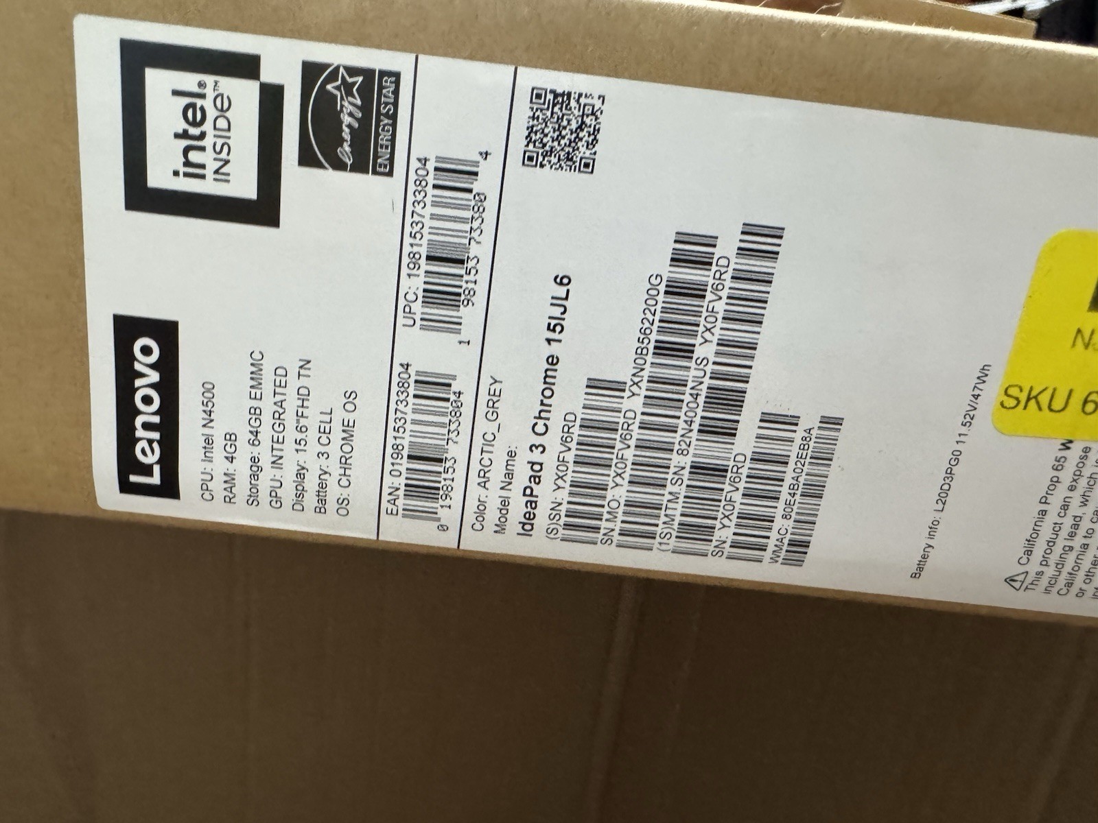 Lenovo IdeaPad 3i Chromebook 15.6″ Intel N4500 4GB Onboard 64GB Storage 82N4004