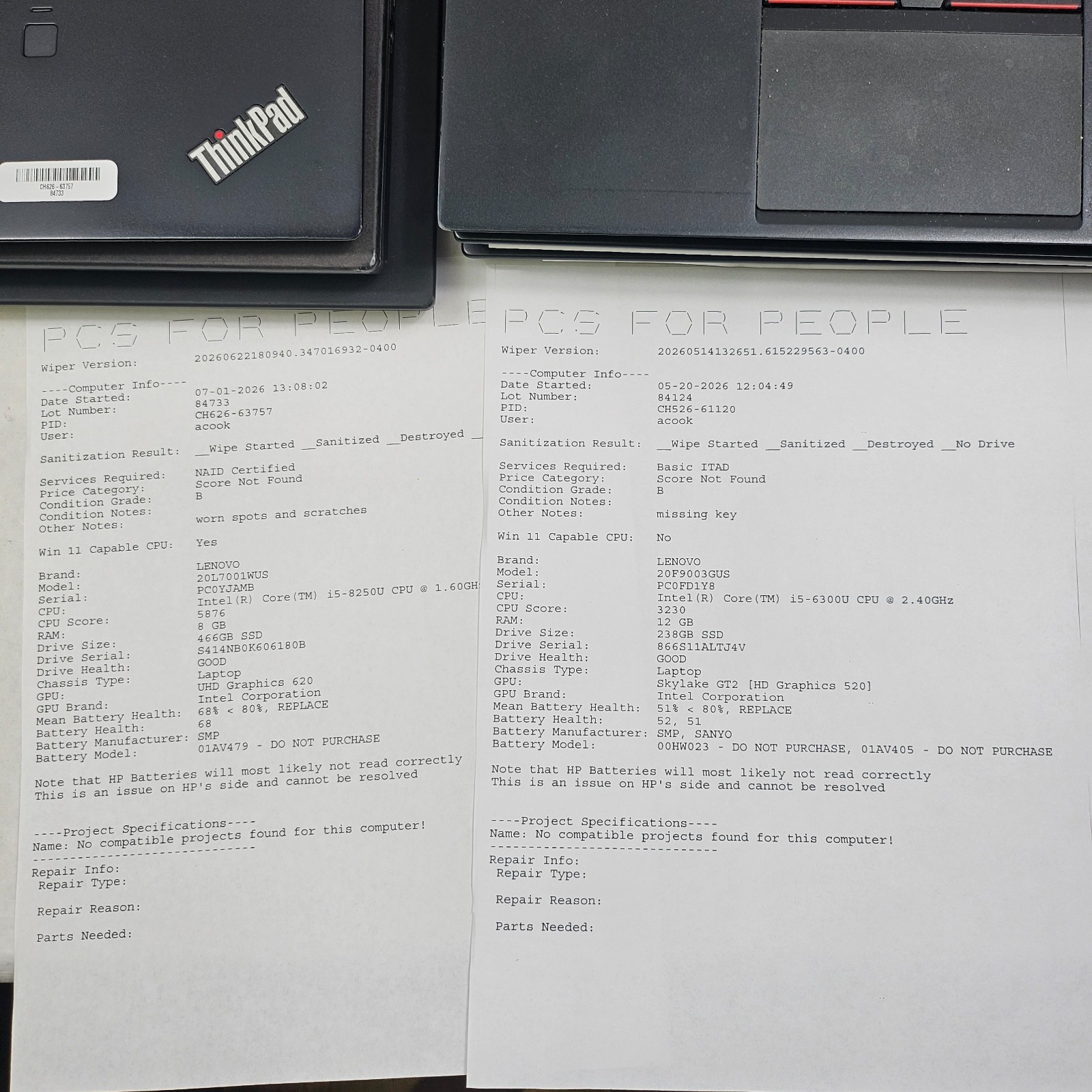 Lot of 9 Mixed Model Lenovo ThinkPad i5-6th-8th Gen 8GB RAM Mixed Specs *Read