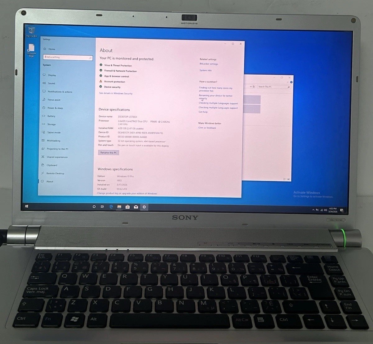 Sony PCG-3F1L VGN-FW300/355J 16.4″Intel Core 2Duo P8600 2.4GHz 4GB Ram-250GB HDD