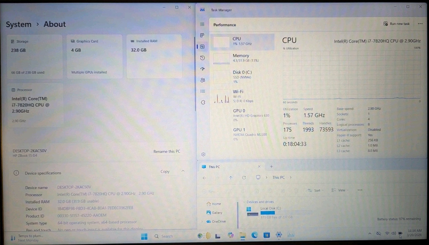 HP ZBook 15 G4 15.6″ Laptop Core i7-7820HQ 2.90GHz 32GB RAM 256GB SSD Win 11 Pro