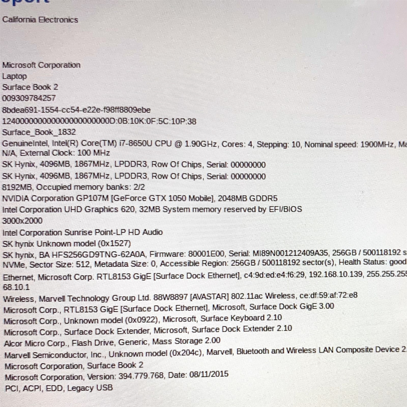 Microsoft Surface Book 2 1832 13.5″ Touch UHD i7-8650U 1.90 GHz 8GB 256GB Win 11