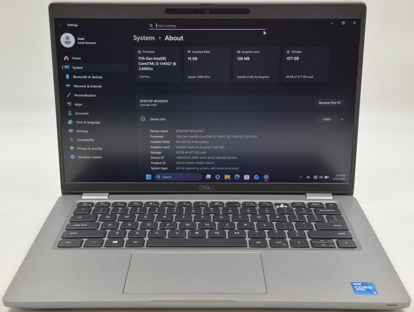 Dell Latitude 5420 Laptop i5 1145G7 2.60GHz 16GB RAM 512GB NVMe Win 11 Pro