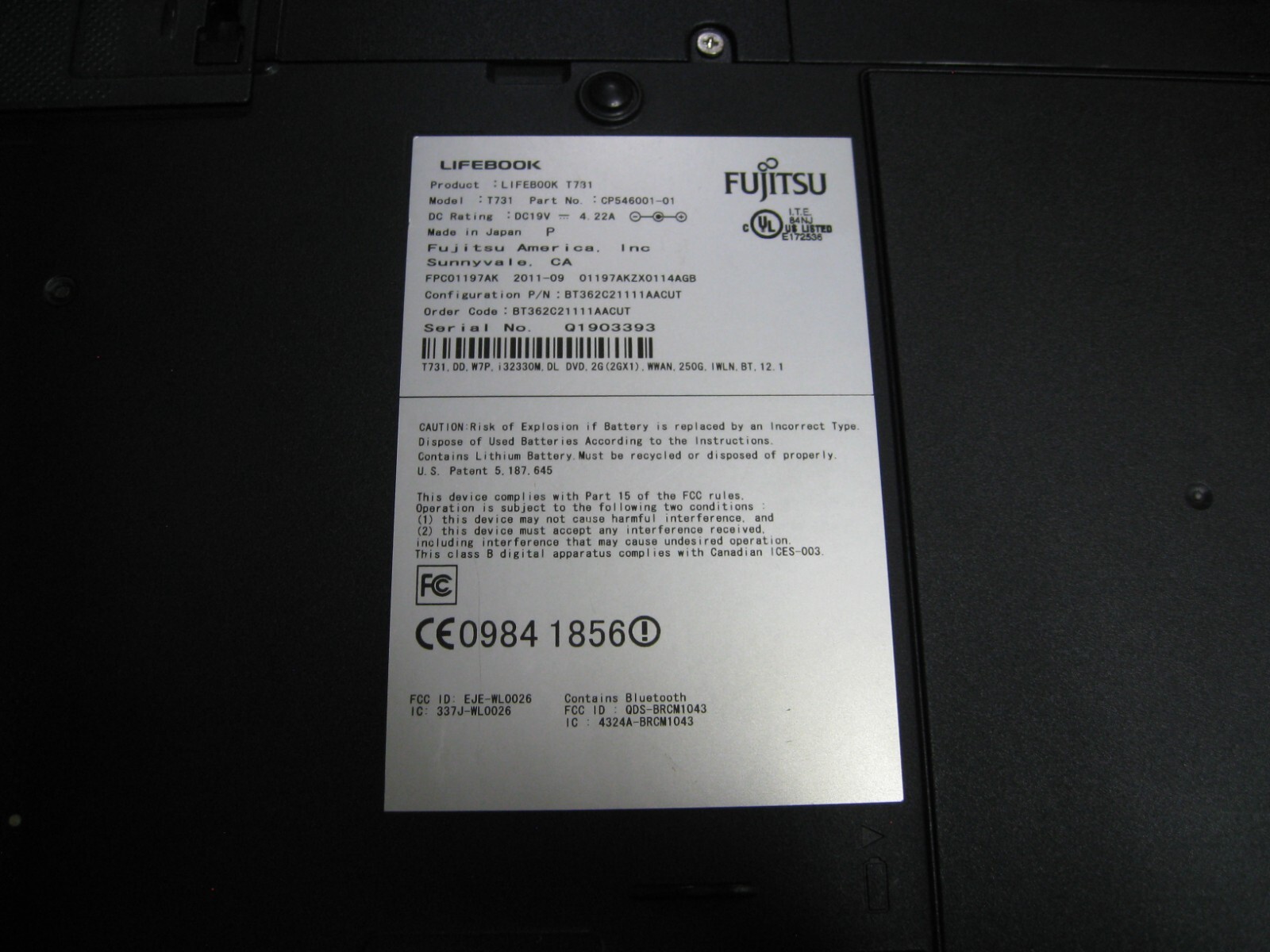 Fujitsu Lifebook T731 i3-2330M 2.2GHz 4GB 250GB HDD Touch Webcam Laptop NO OS