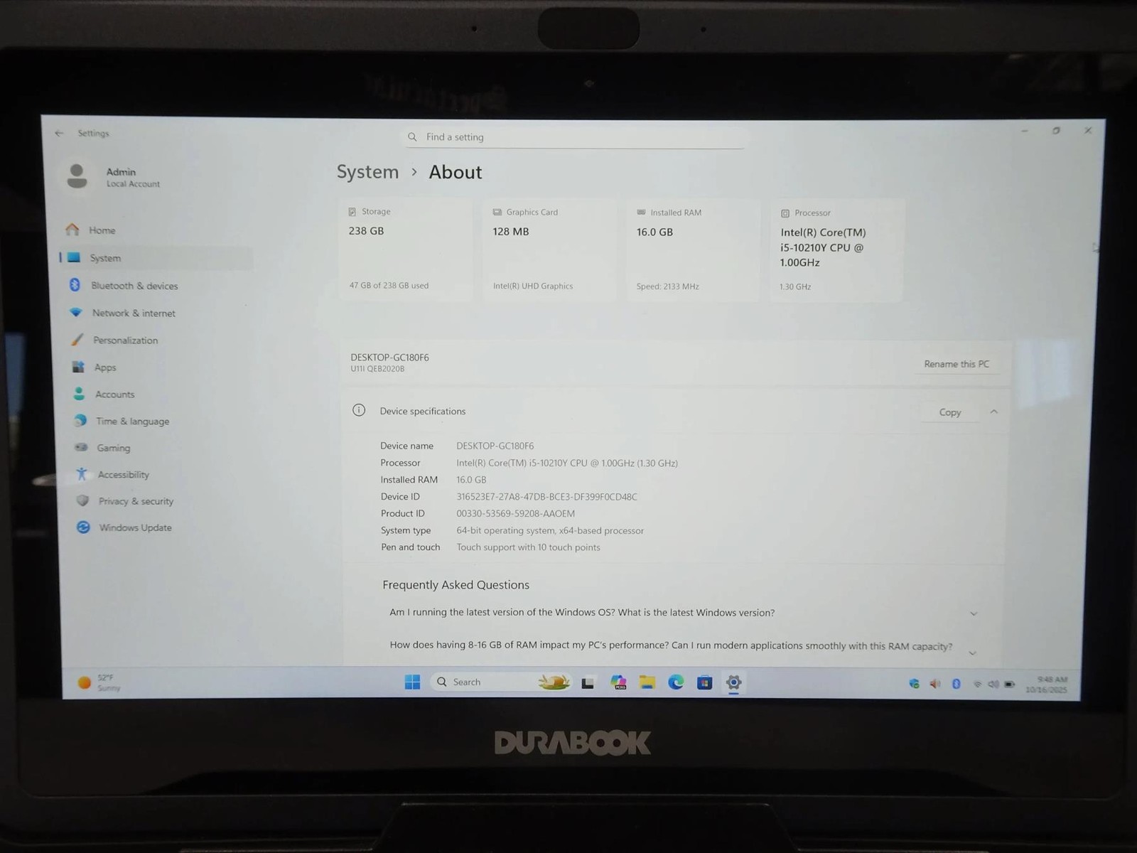 DURABOOK U11i Rugged 11.6″ Core i5-10210Y 1.00GHz 16GB 256GB Touch