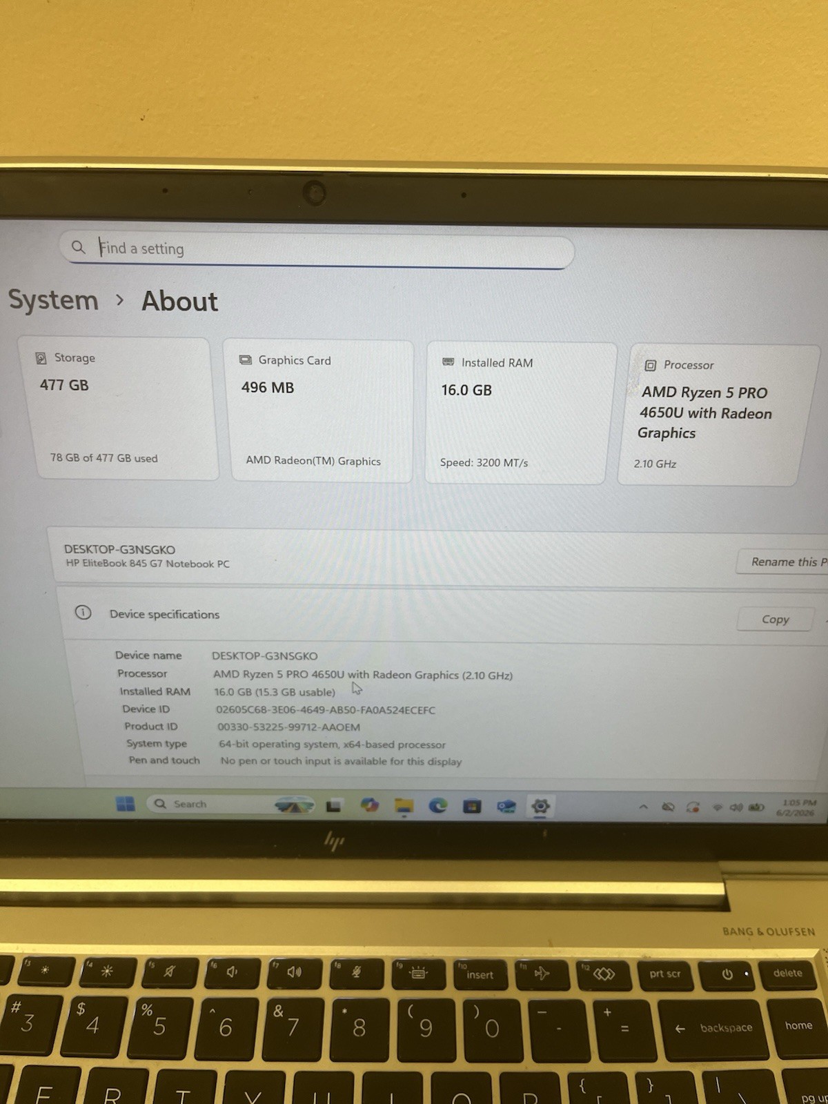 HP ELITEBOOK 845 G7 AMD RYZEN 5 PRO 4650U 16GB Ram 512GB SSD FHD Win11 Pro-111