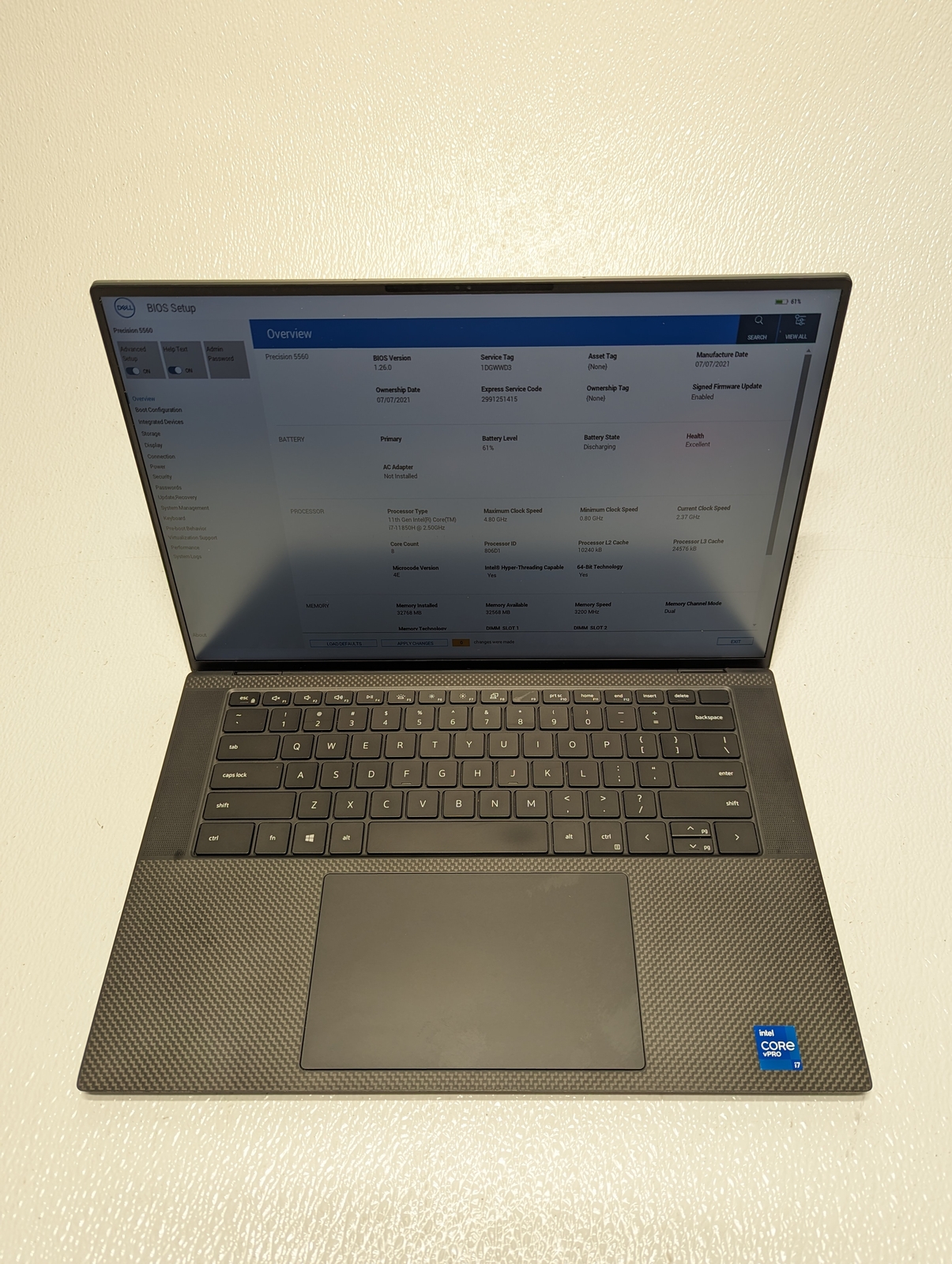 DELL PRECISION 5560 15.6″ i7 2.50GHz 32GB RAM 512GB Grade C Low Battery Health