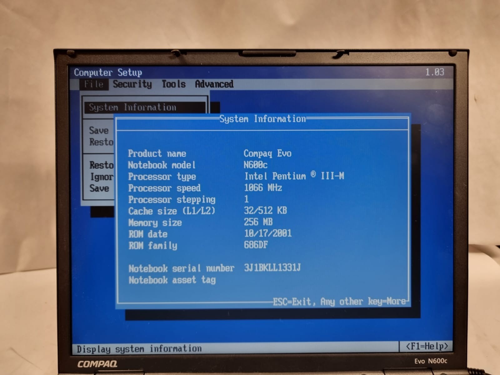 Compaq Evo N600C Intel Pentium III-M 1066MHz 256 MB NO HDD / Vintage / Untested