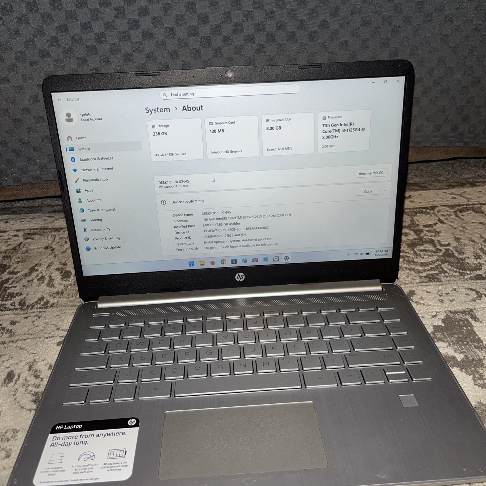 HP 11th Core i3 2GHz 8GB RAM 256GB SSD See Photos 3 and 4 With Charger