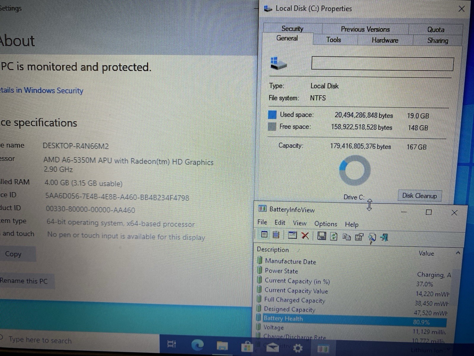 Lenovo ThinkPad Edge E545 Laptop A6-5350M 2.9GHz 180GB SSD 4GB RAM DVD-R
