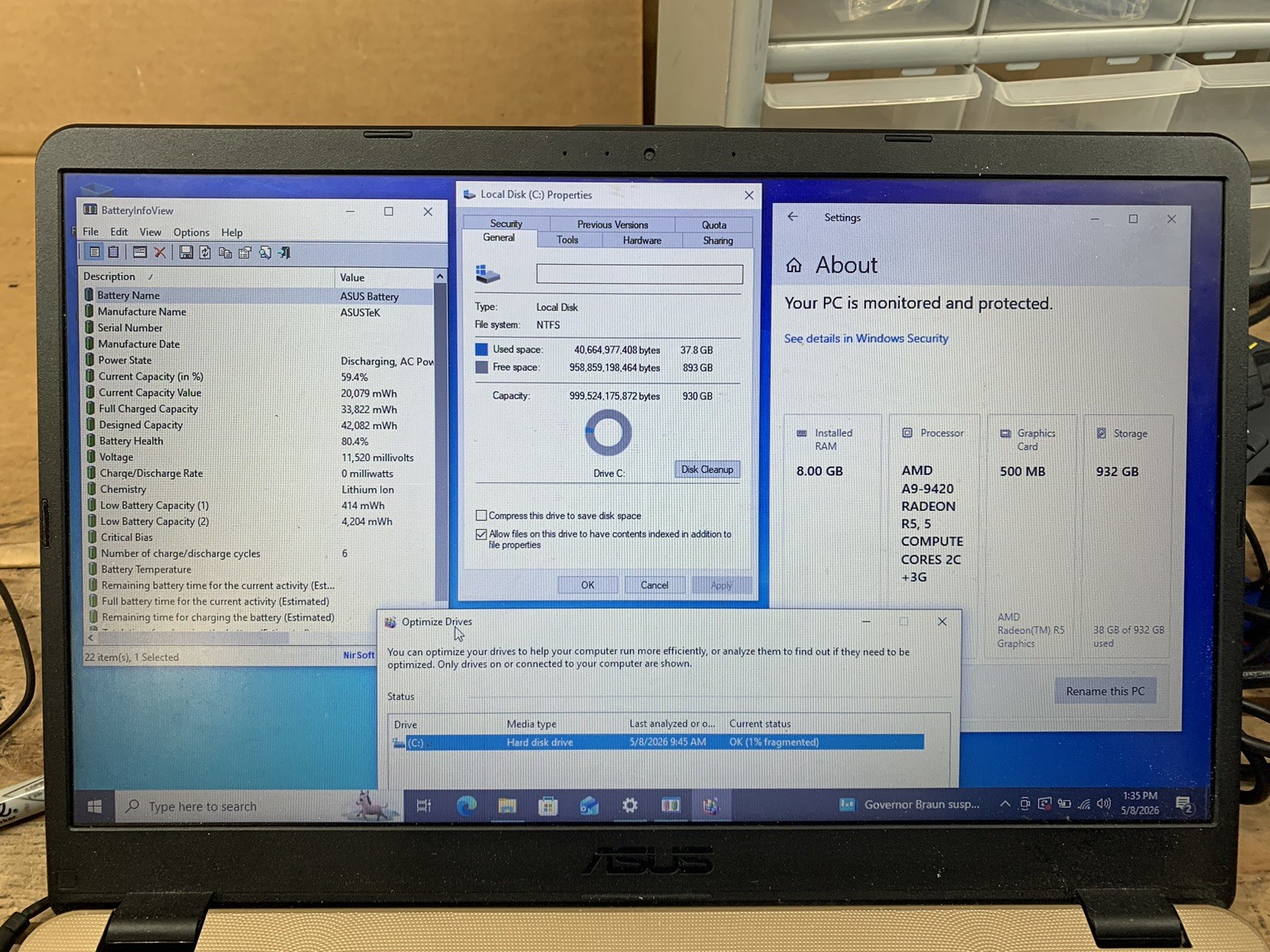 Asus Vivobook 15 X505B 15.6″ AMD A9-9420 RADEON 8GB DDR4 RAM 1TB HDD WIN 10P