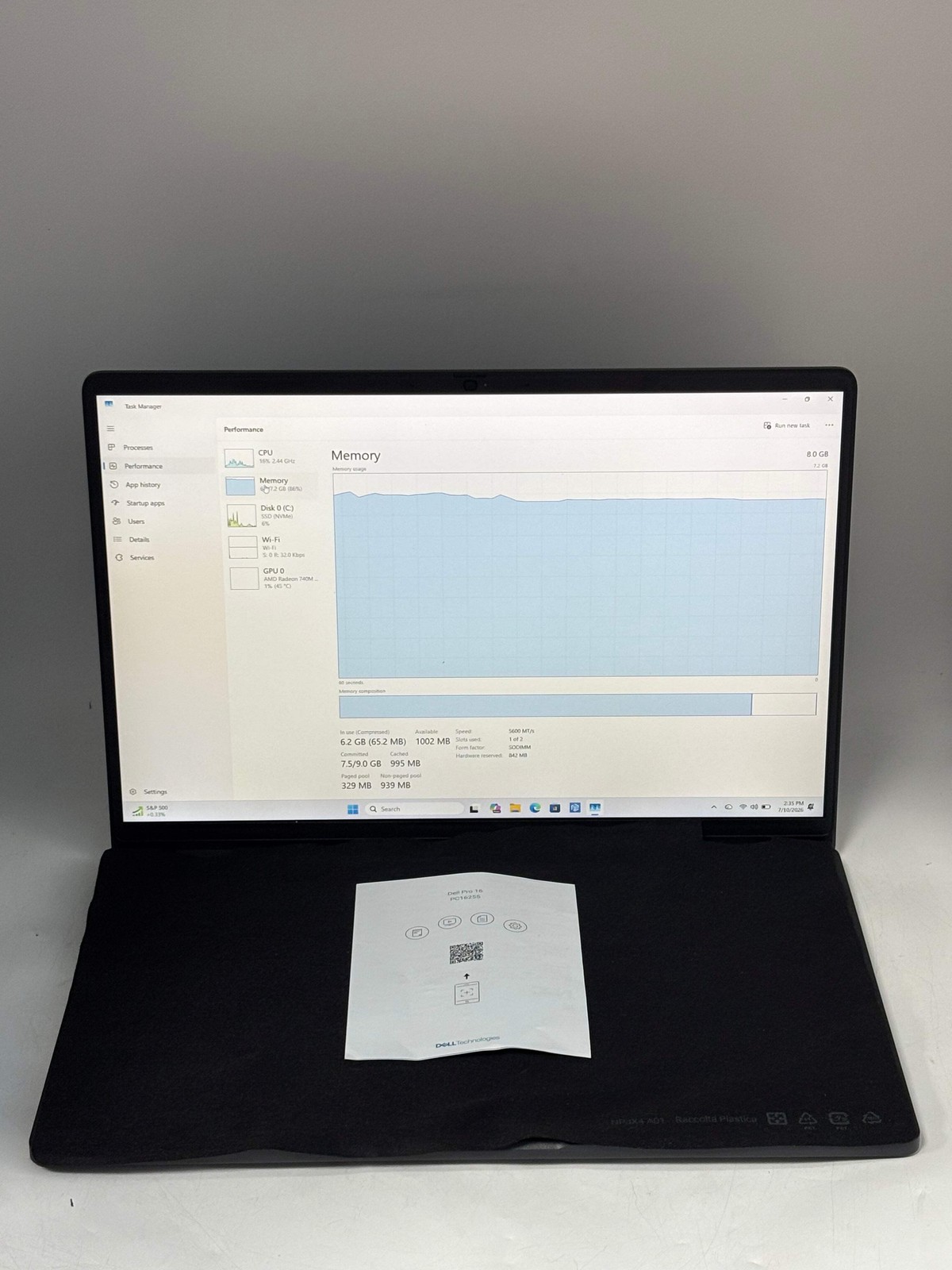 Dell Pro 16 PC16255 AMD Ryzen 5 220 8GB 256GB SSD Black Excellent Condition