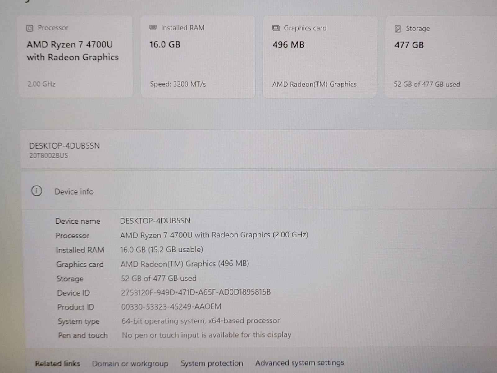Lenovo ThinkPad E15 Gen 2 15.6″ AMD Ryzen 7 4700U 16GB 512GB Win11Pro *NO A/C*