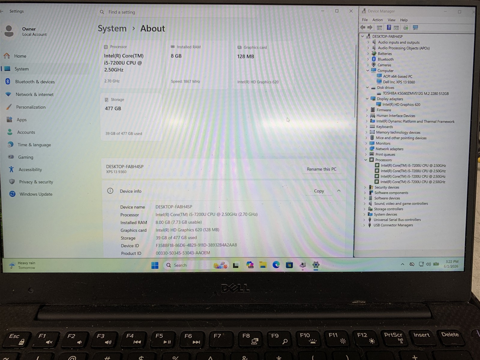 Dell XPS 13 9360 Intel i5-7200U 2.50GHz 8GB RAM 512GB SATA M.2 SSD Win 11 Pro