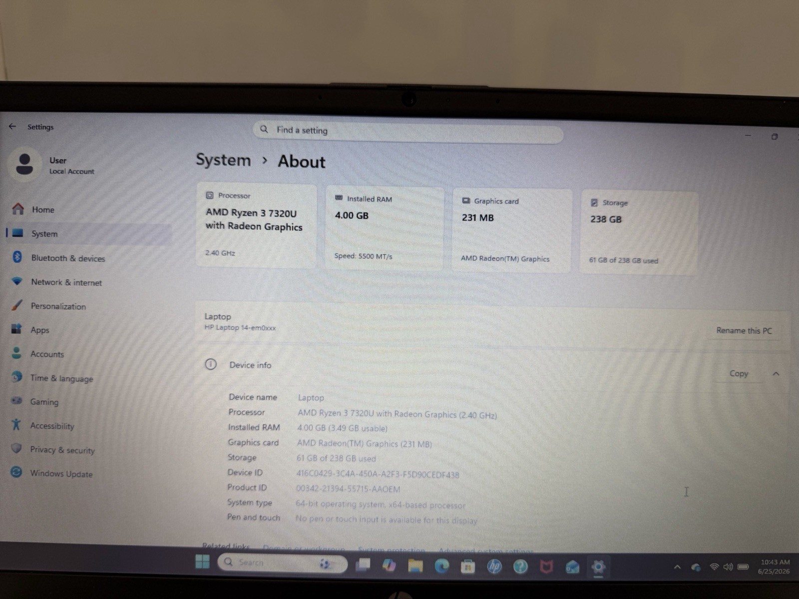 HP 14” Windows 11 256GB SSD 4GB RAM AMD RYZEN 3 7320U @ 2.40GHz 14-EM0349NR