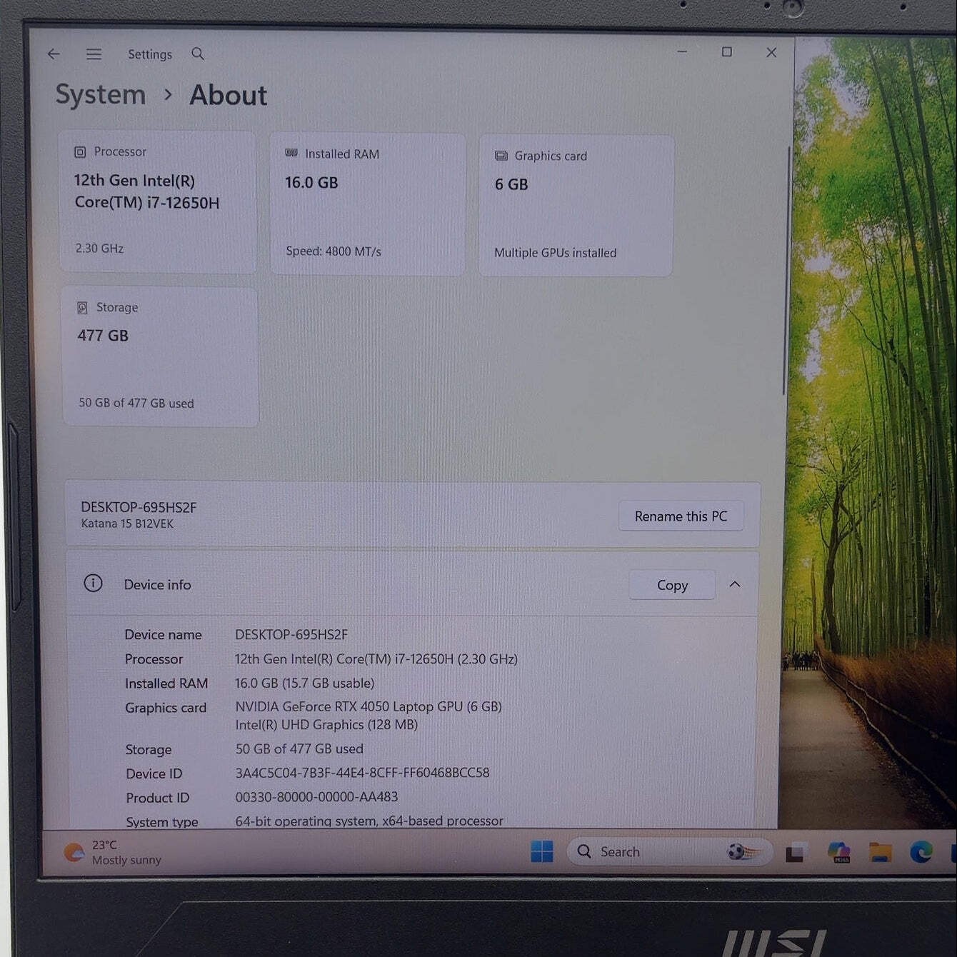 MSI Katana 15 B12VEK 15.6″ i7-12650H 1.7GHz 16GB RAM 512GB SSD GeForce RTX 4050