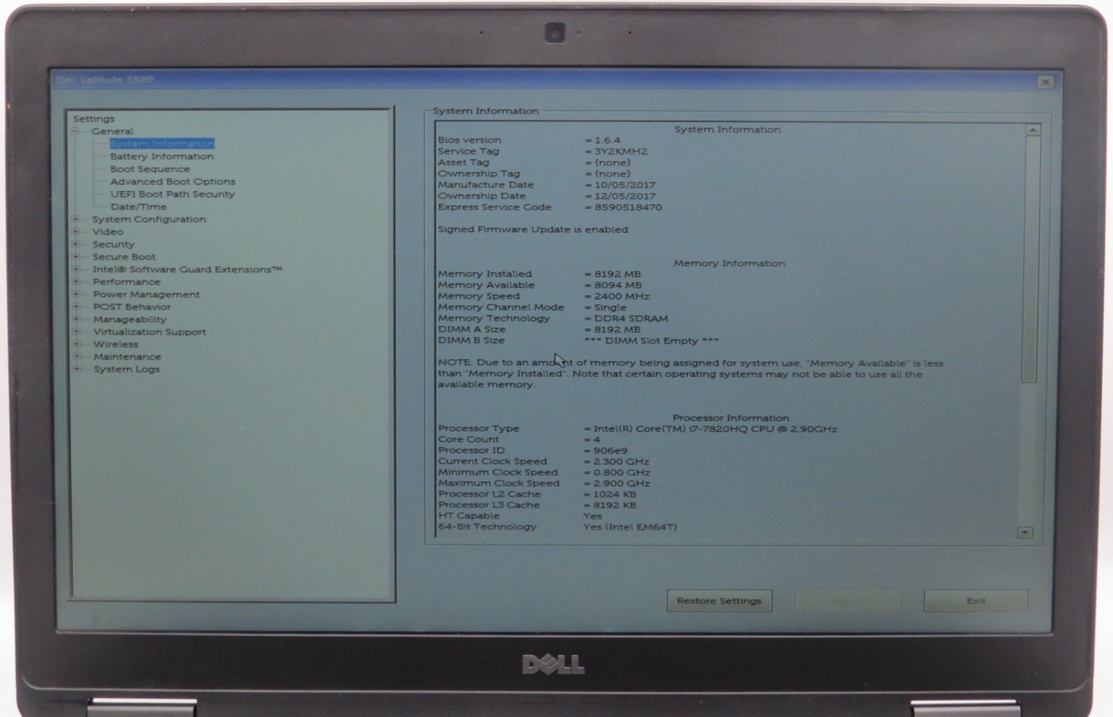 Dell Latitude 5580 | i7-7820GQ @ 2.90GHz | 8GB DDR4 | No HDD/OS