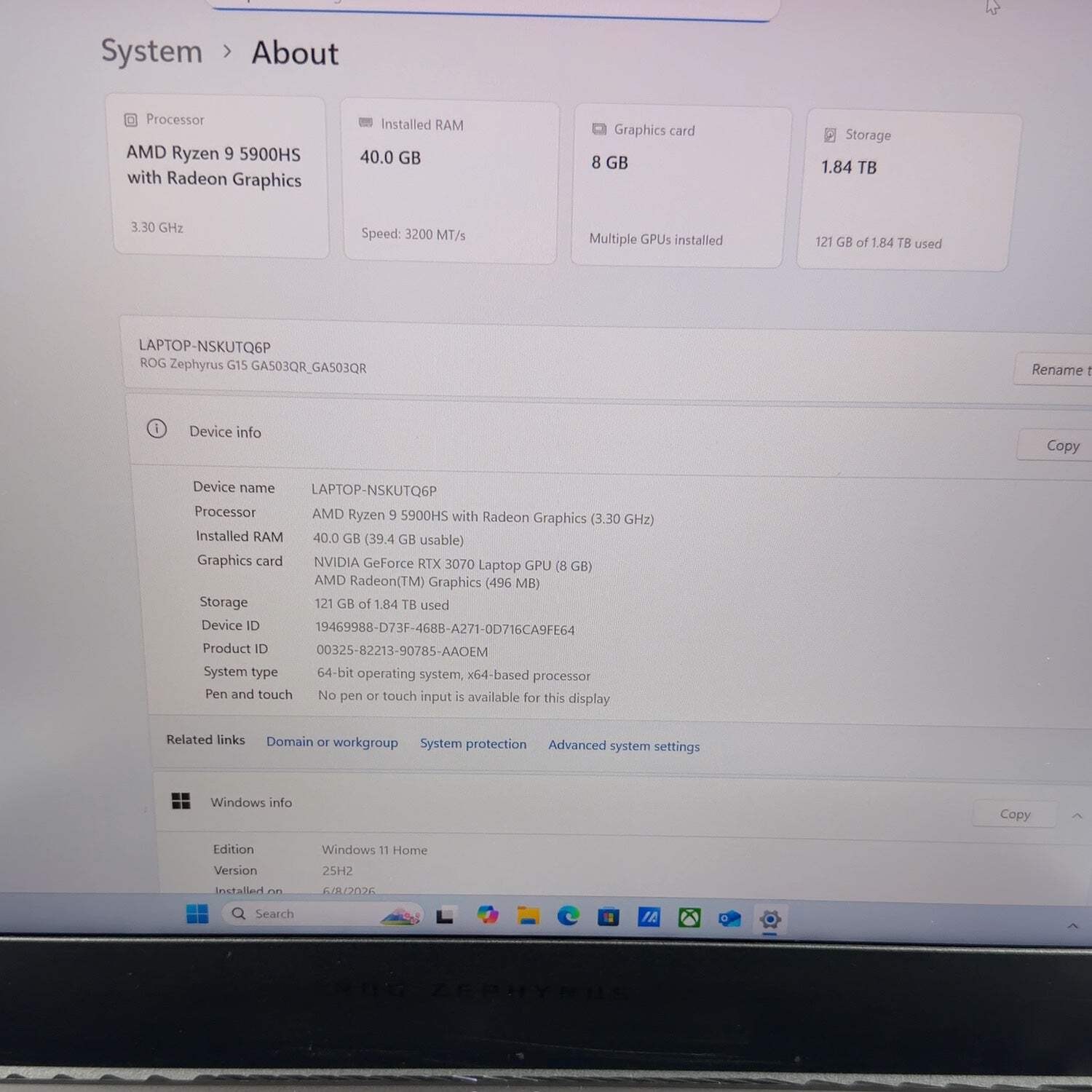 Asus ROG Zephyrus G15 15.6″ Ryzen 9 5900HS 3.3GHz 40GB RAM 1TB SSD 1TB SSD 3070