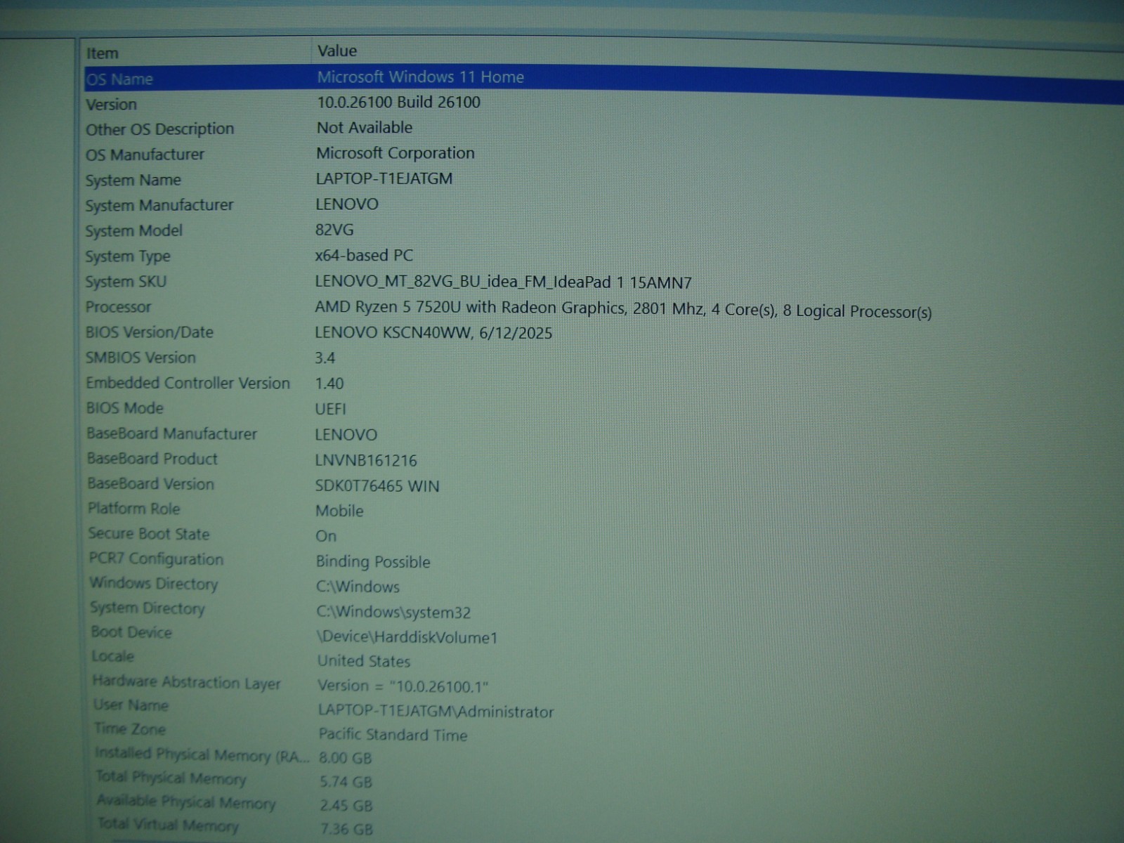 Lenovo IdeaPad 1 15AMN7 15.6″ FHD Ryzen 5 7520U 2.8Ghz 8GB 256GB Warranty11/2026