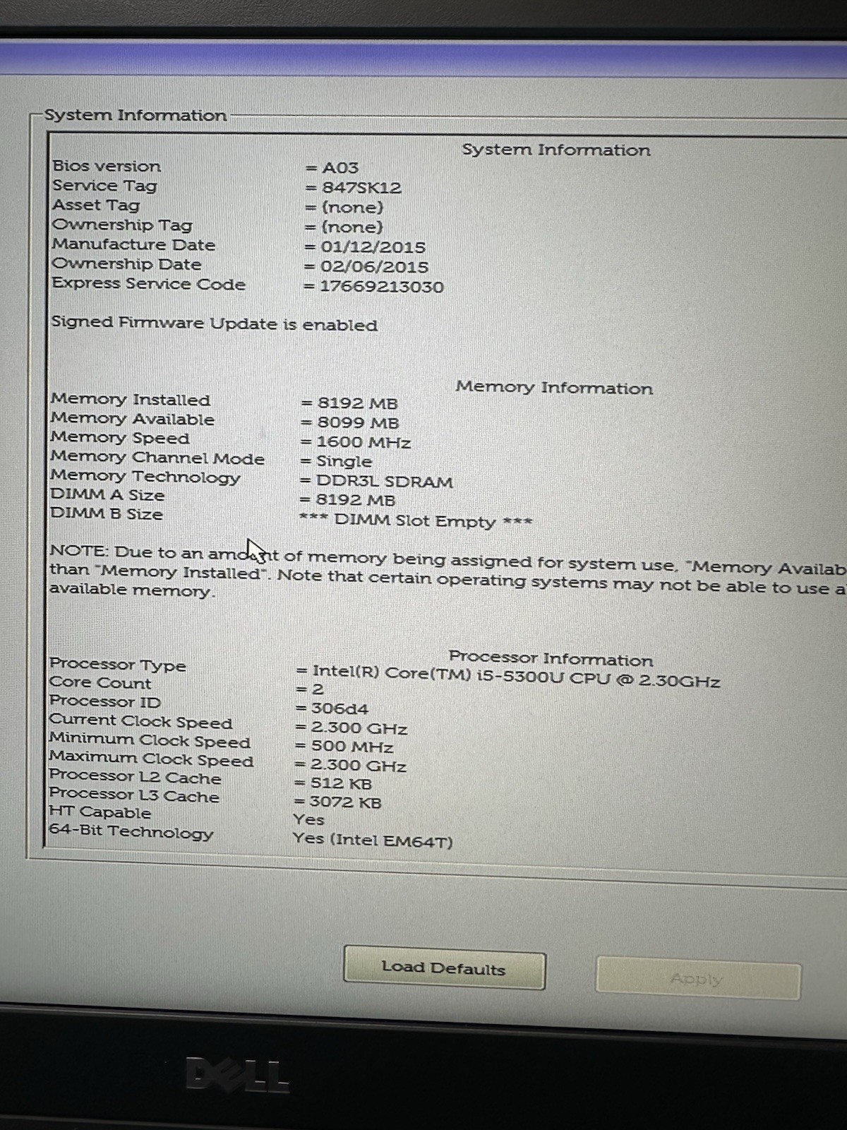 Dell Latitude E5550 15” Laptop Intel Core i5-5300U 2.30GHz 8GB RAM (NO HD)