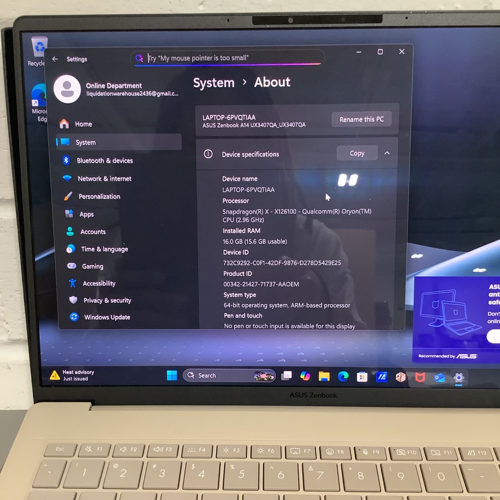 ASUS Zenbook A14 (UX3407Q) 14″ FHD+ OLED Snapdragon X Plus 16GB RAM 512GB SSD