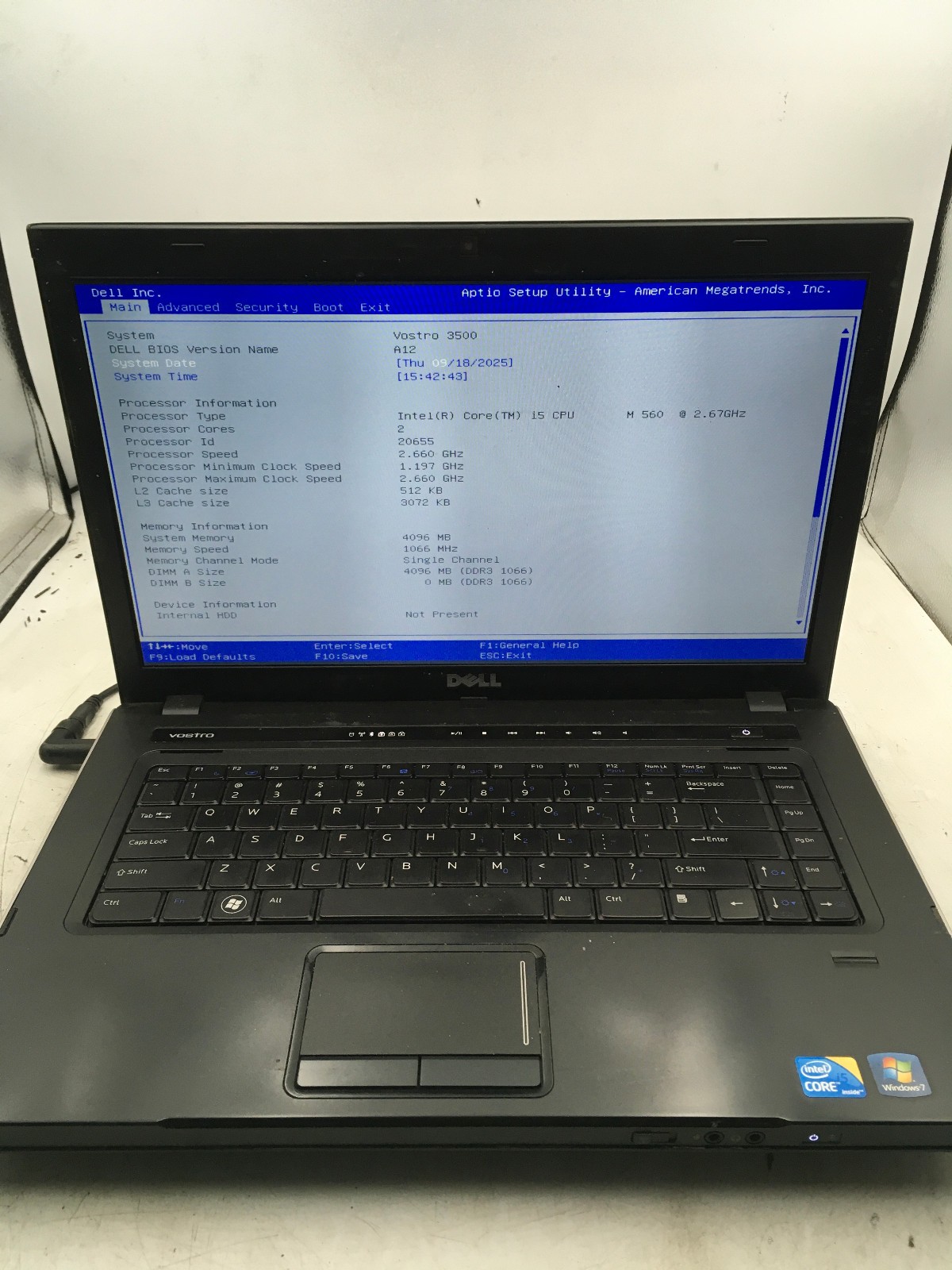DELL VOSTRO 3500 – BOOTS TO BIOS – INTEL I5 M560 – 4GB RAM – READ DESCRIPTION-BB