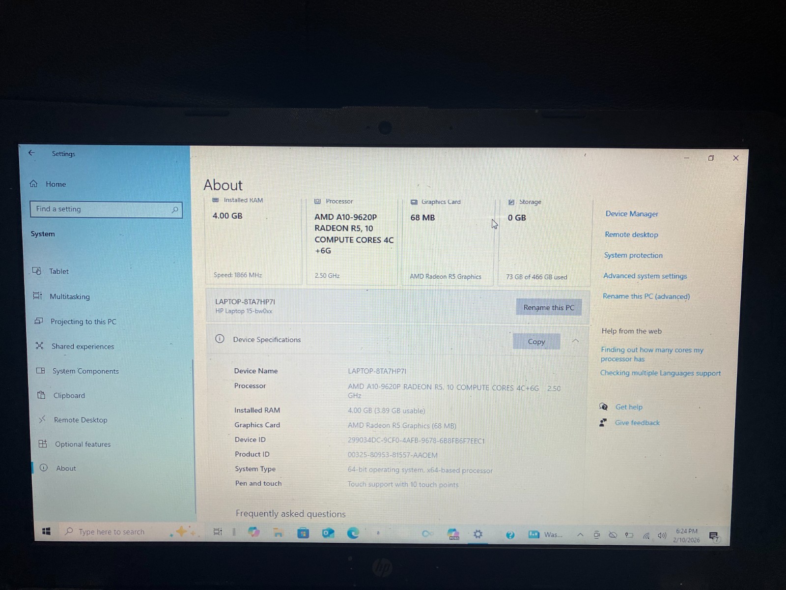 Laptop Hp 15.6″ Touchscreen AMD Quad Core A 10-9620P 4GB Win10