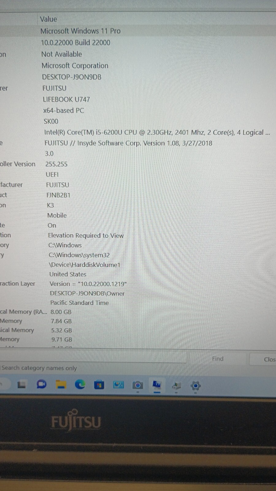 11153 LifeBook U747 w/Charger!! i5-6200U.8GB.128GB M.2.14″ FHD.W11.Super Slim!