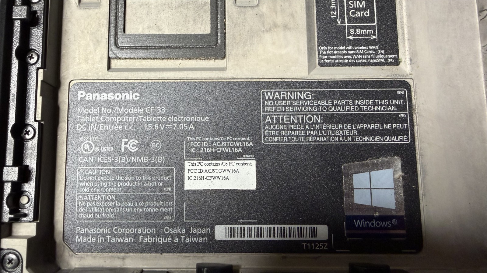 Panasonic ToughBook CF-33 i5-7300U 2.6Ghz 8GB DDR3 No OS