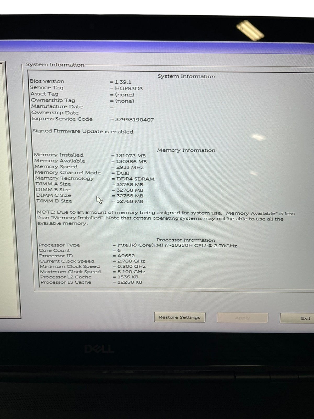 DELL PRECISION 7550 I7-10850H 2.7GHz 128GB RAM 256 SSD – GRADE D