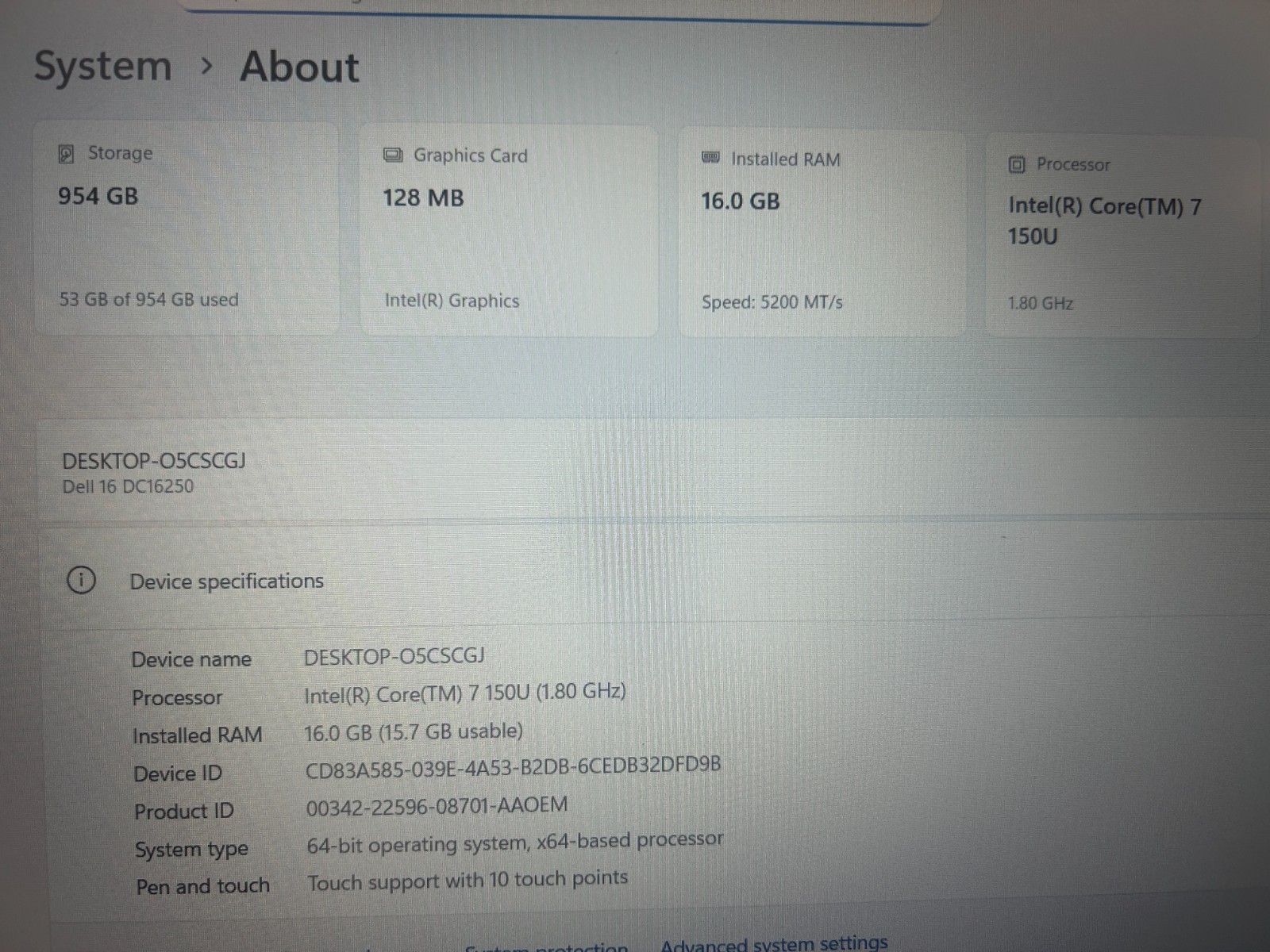DELL 16 DC16250 MRYT3 Intel Core 7-150U, 1.80 GHz, 16 GB RAM, 1 TB NVMe