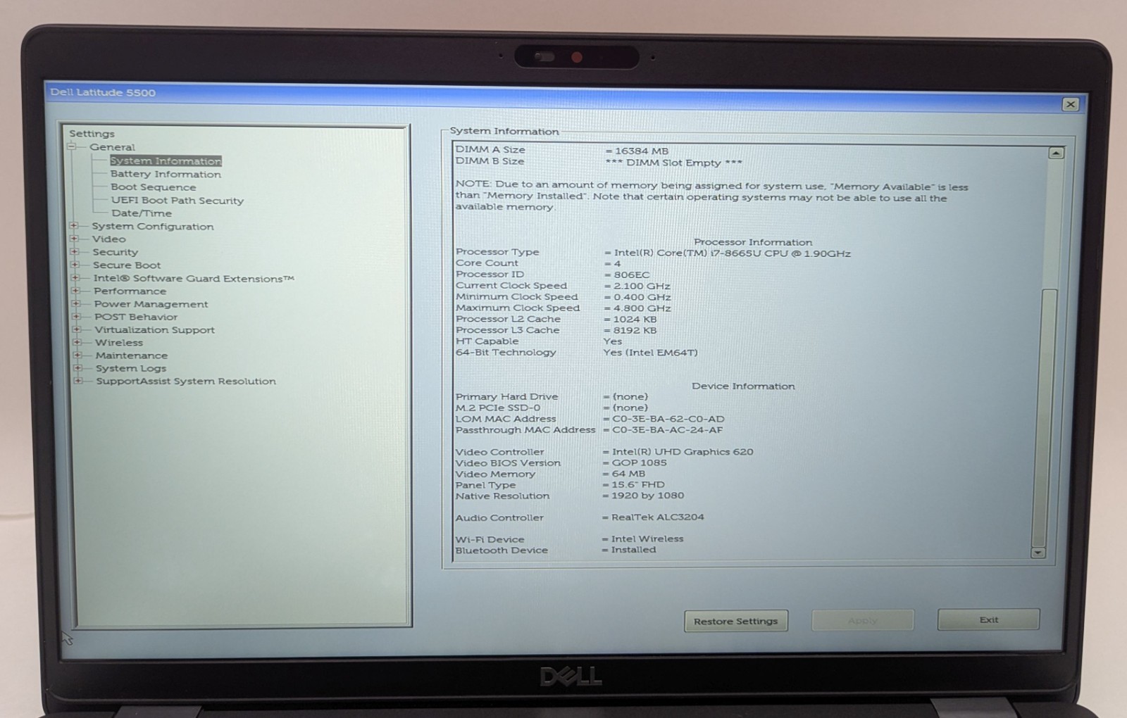 Incomplete Dell Latitude 5500 15.6″ Laptop Intel Core i7-8665U 1.90GHz 16GB RAM