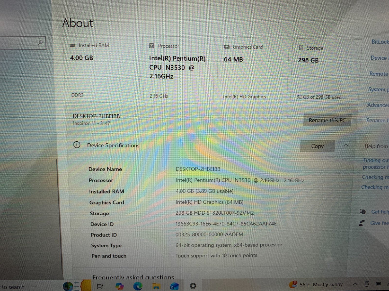 Dell Inspiron 11-3147 Laptop, Intel Pentium N3530 2.16GHz 4GB RAM 320GB HDD W10H