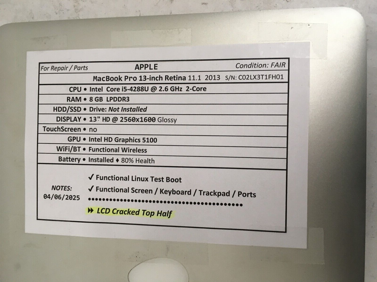 APPLE MacBook Pro 13 inch used laptop for parts/repair 11.1 2013