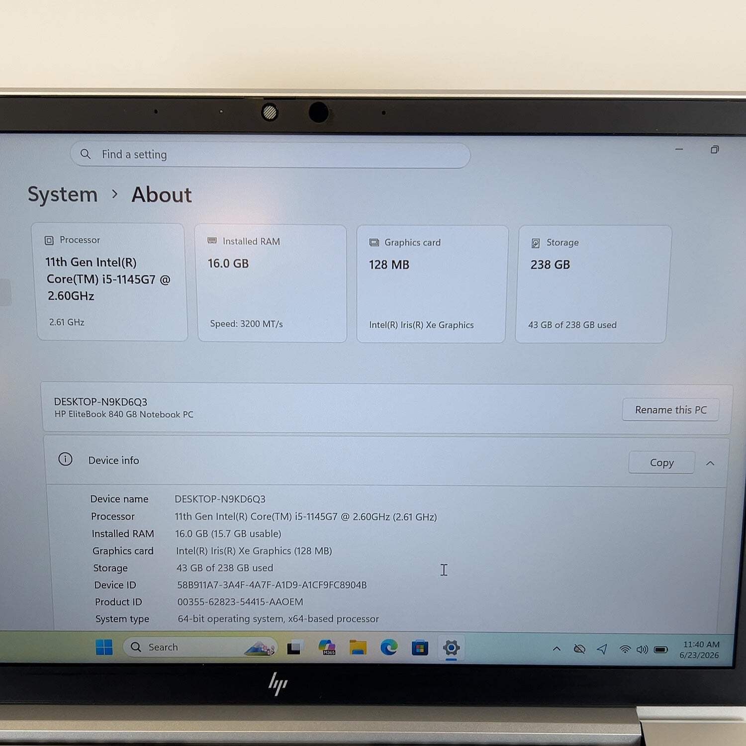 HP EliteBook 840 G8 14″ i5-1145G7 2.6GHz 16GB RAM 256GB SSD