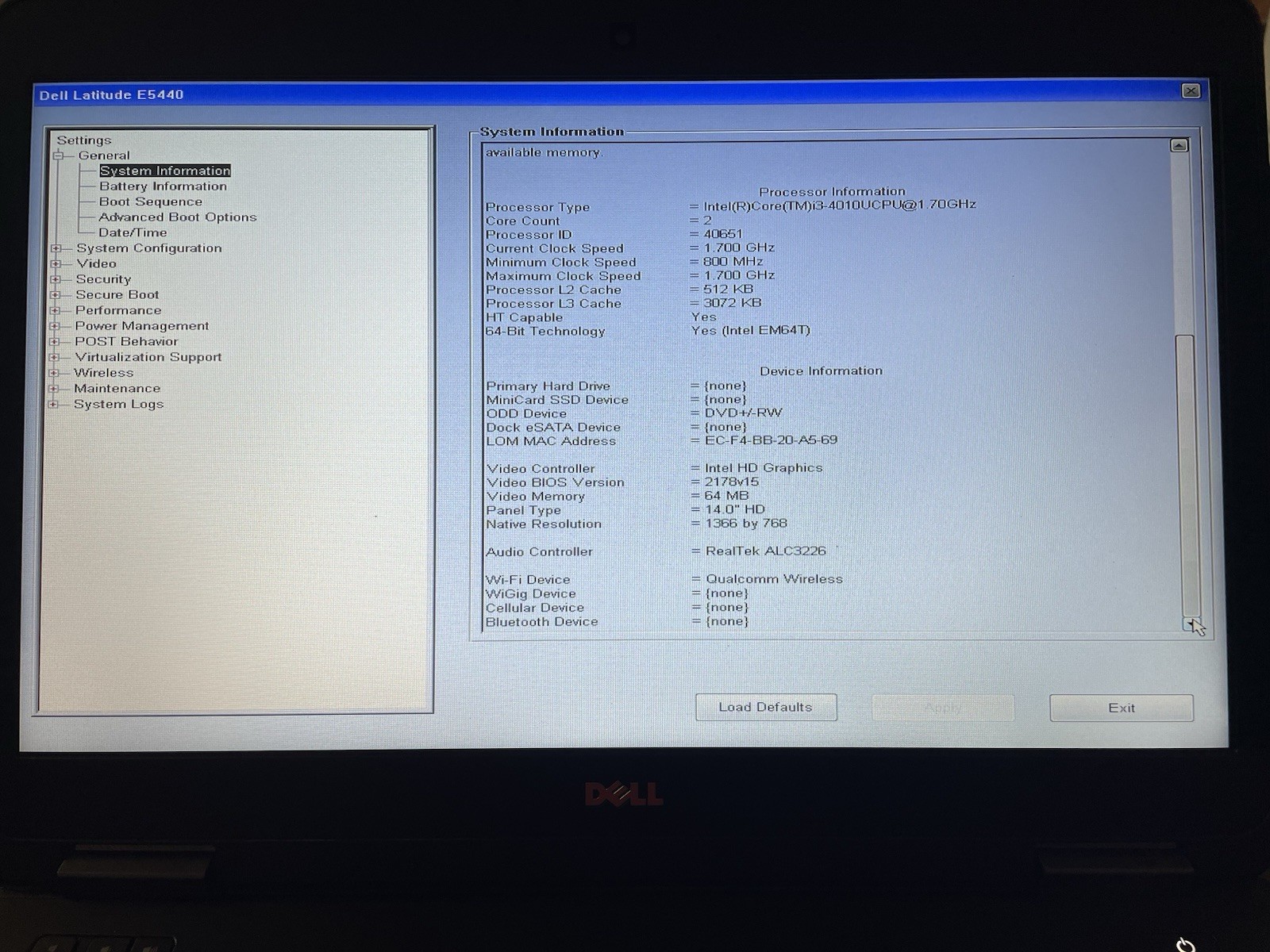 DELL LATITUDE E5440 Laptop w/ Intel Core i3-4010U 1.70 GHz + 4 GB No HD/OS/Cable