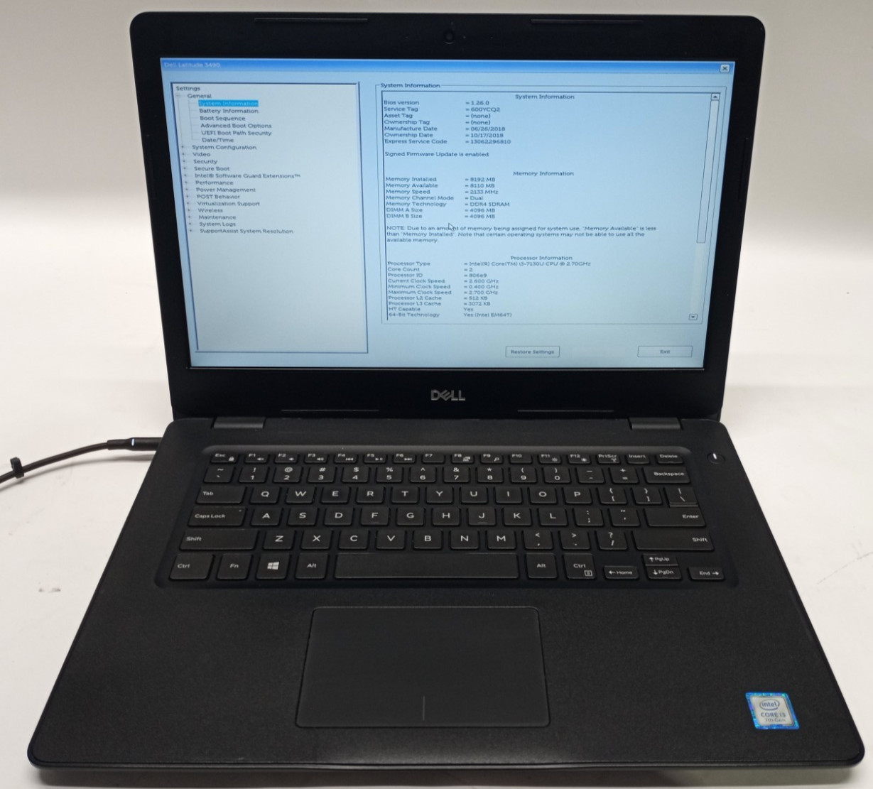 Dell Latitude 3490 14″HD i3-7130@2.70GHz 8GB DDR4 RAM No HDD No OS MC665!
