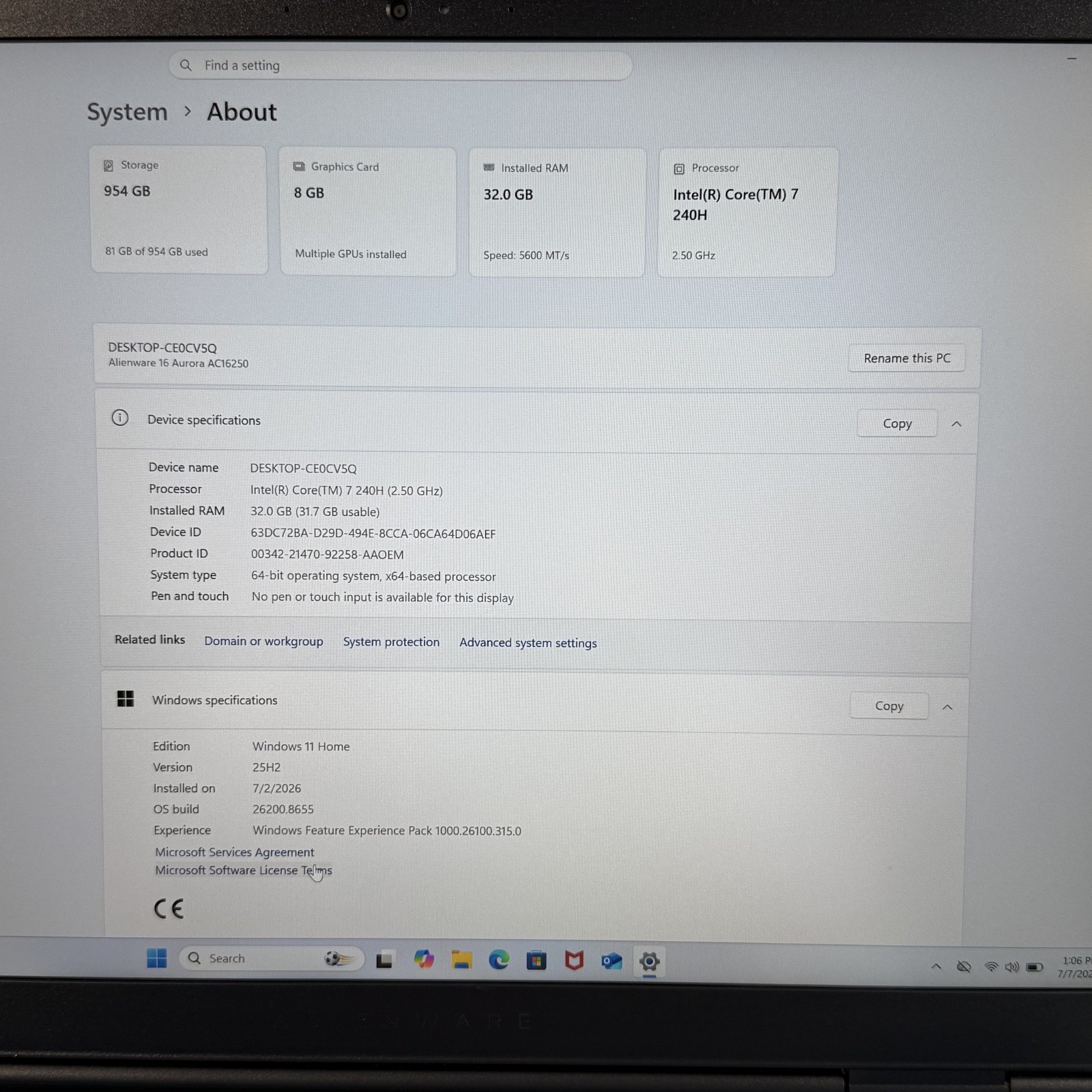 Alienware 16 Aurora AC16250 Intel 7 240H 32 GB 1 TB NVIDIA GeForce RTX 5060 #AW