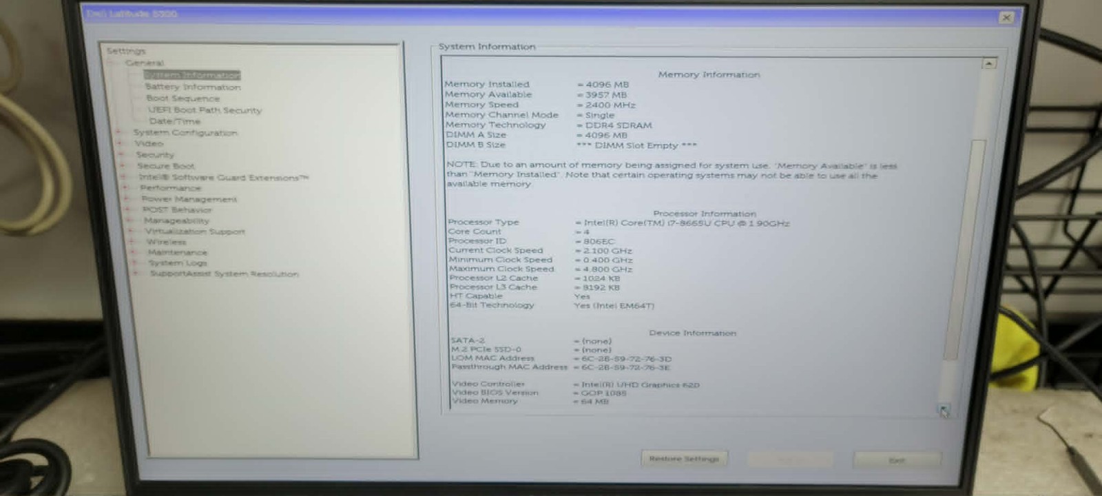 Dell Latitude 5300 13.3″ i7-8665U @ 1.9GHz 4GB RAM – No SSD/OS – Good Battery