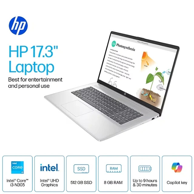 HP 17.3″ FHD Laptop Intel Core i3-N305 8GB RAM 512GB SSD Win11 Home 17-CN3083ST