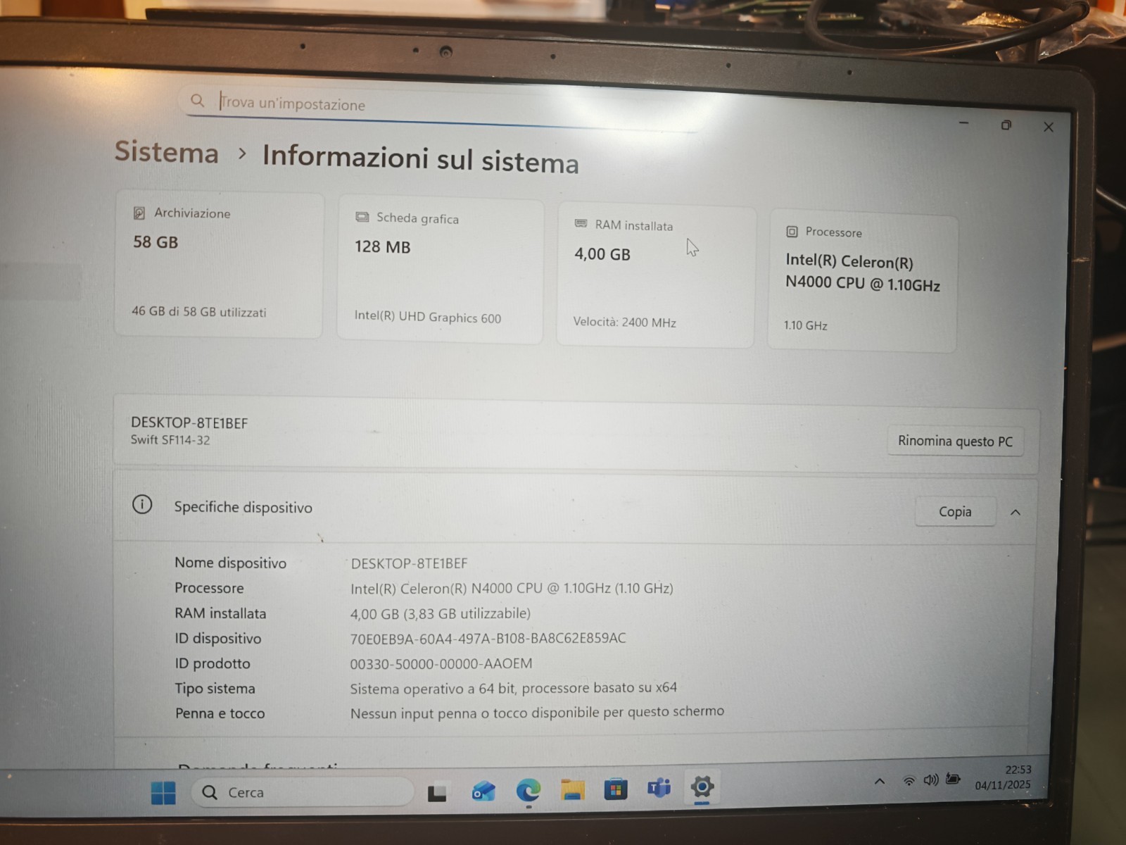 ACER SF114-32 MOTHERBOARD 448.0E604.001M N4000 64GB EM 4GB UHD 600 NBGXH1100A #