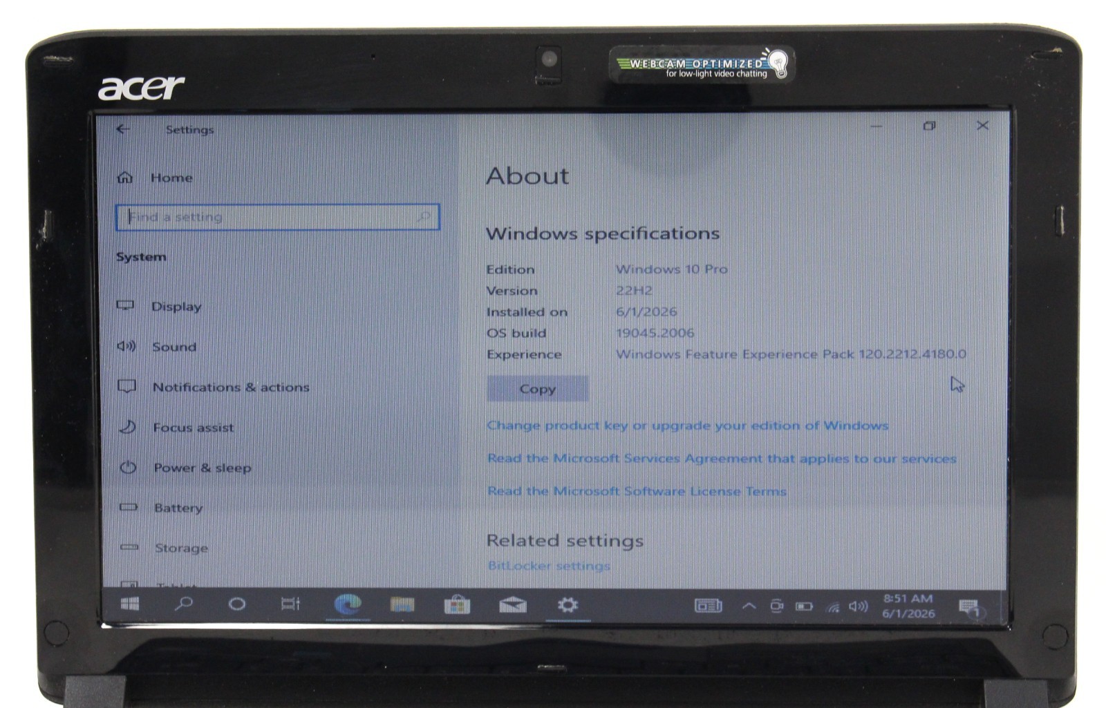 Acer ASPIRE ONE nav50 10″ 1.66 GHz Intel Atom 160GB HDD 1GB RAM win 10 ; 6181881