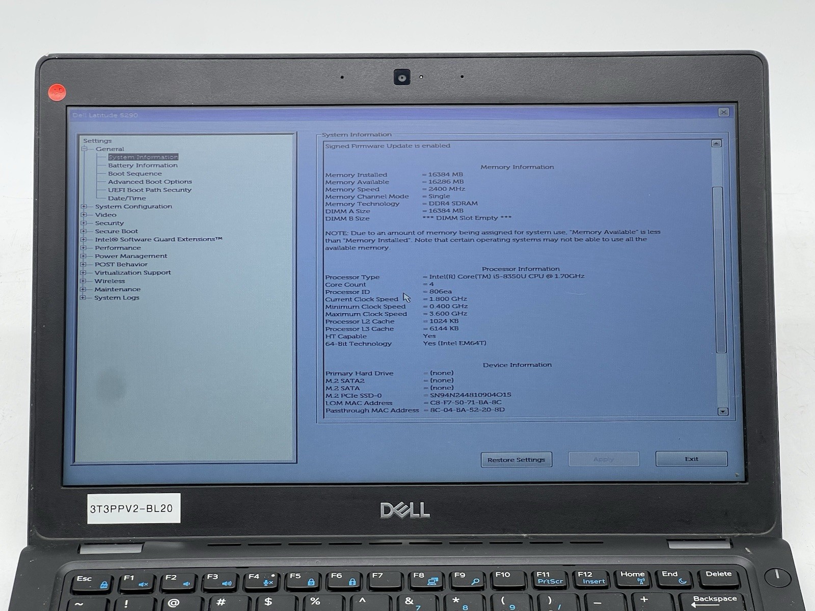 Dell Latitude 5290, i5-8350U, 1.70GHz, 16GB RAM, 256GB NVMe-No OS with Charger