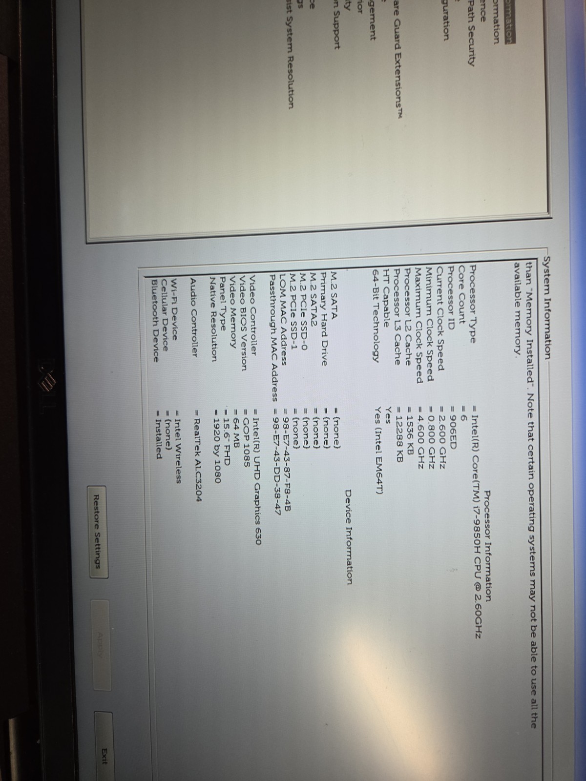 Dell Latitude 5501 15.6″ FullHD i7-9850h 8GB, No Hd. Lot X2