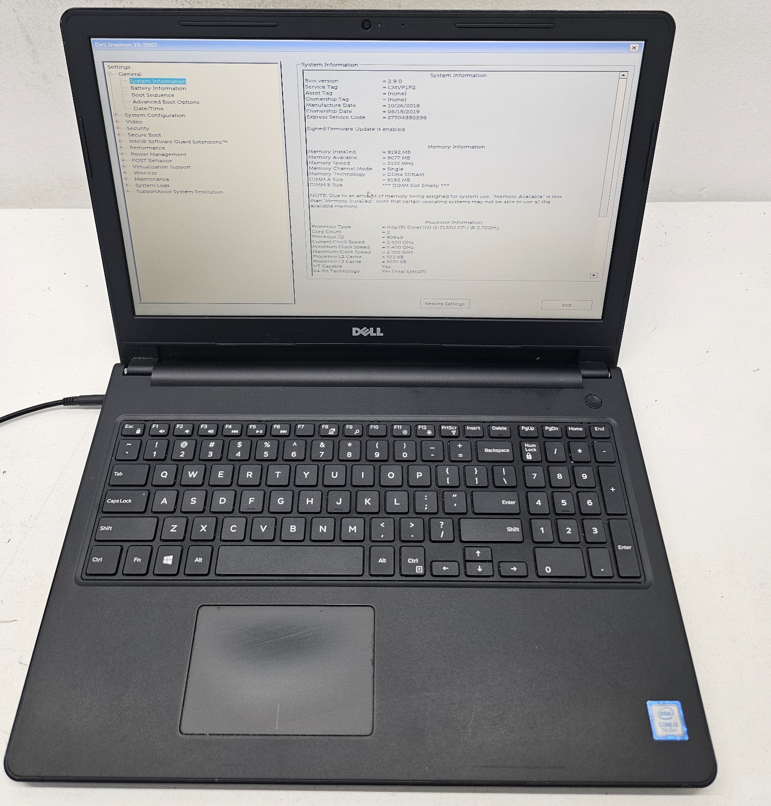 Dell Inspiron 15-3567 Laptop Intel Core i3-7130U 8GB RAM NO HD/OS/BATT (FL)