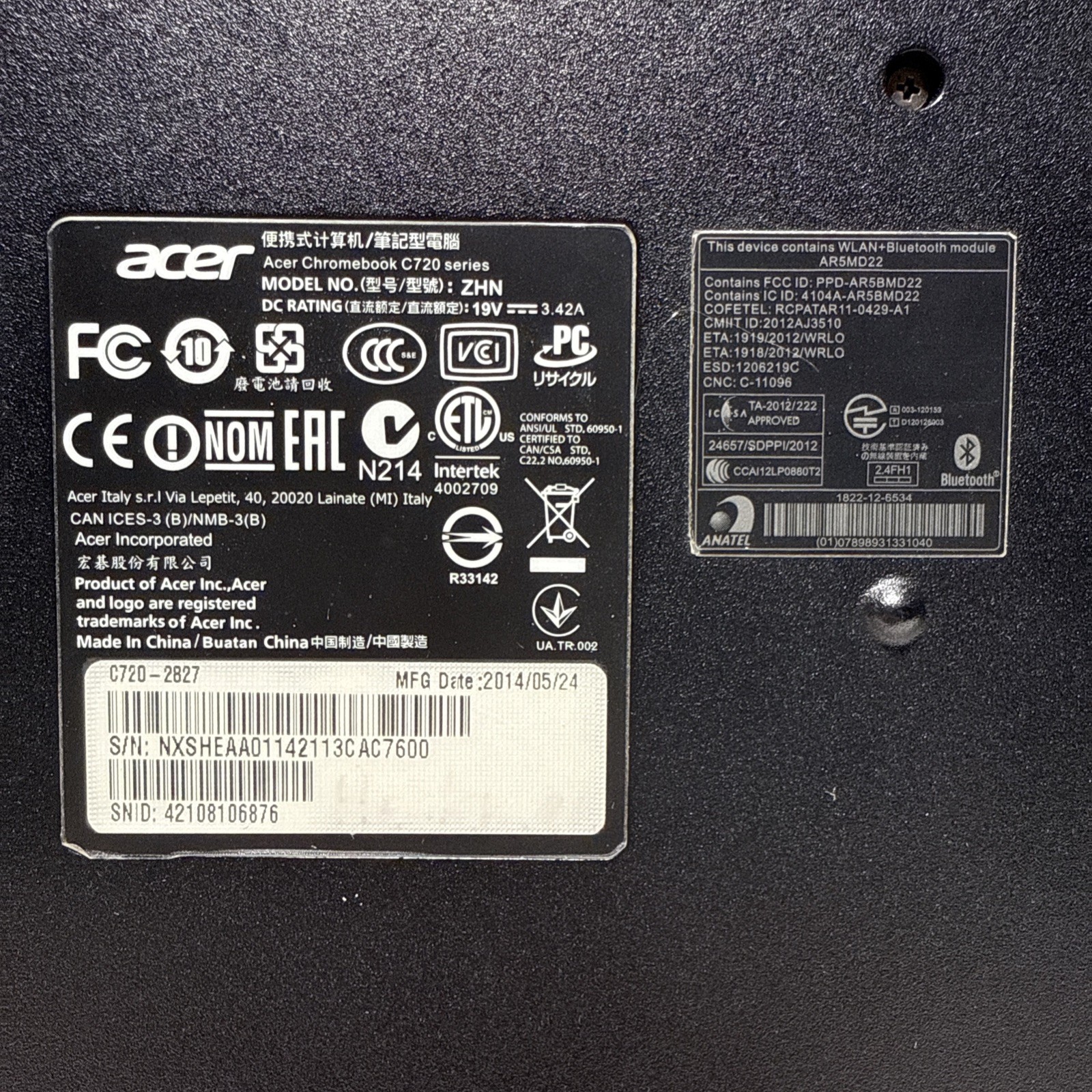 Acer Chromebook Model ZHN FOR PARTS NOT TESTED SELLING Does Not Turn On – AS IS